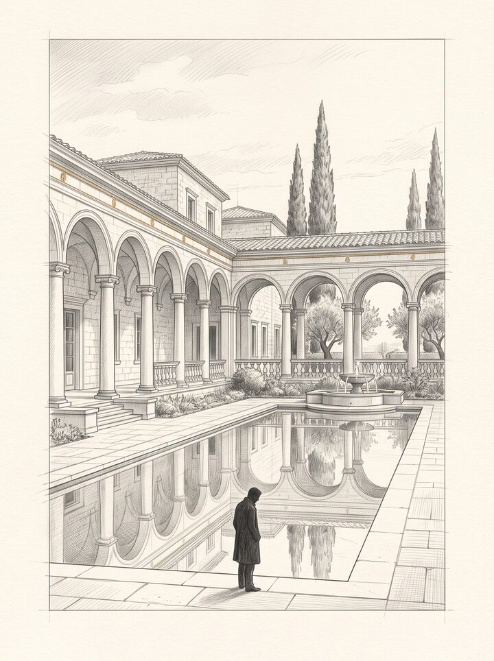 Pencil sketch of a man standing at the edge of a still reflecting pool in a classical courtyard at dawn